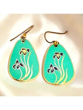 Vintage 1980s Laurel Burch "Wild Iris" Dangle Earrings  Enamel